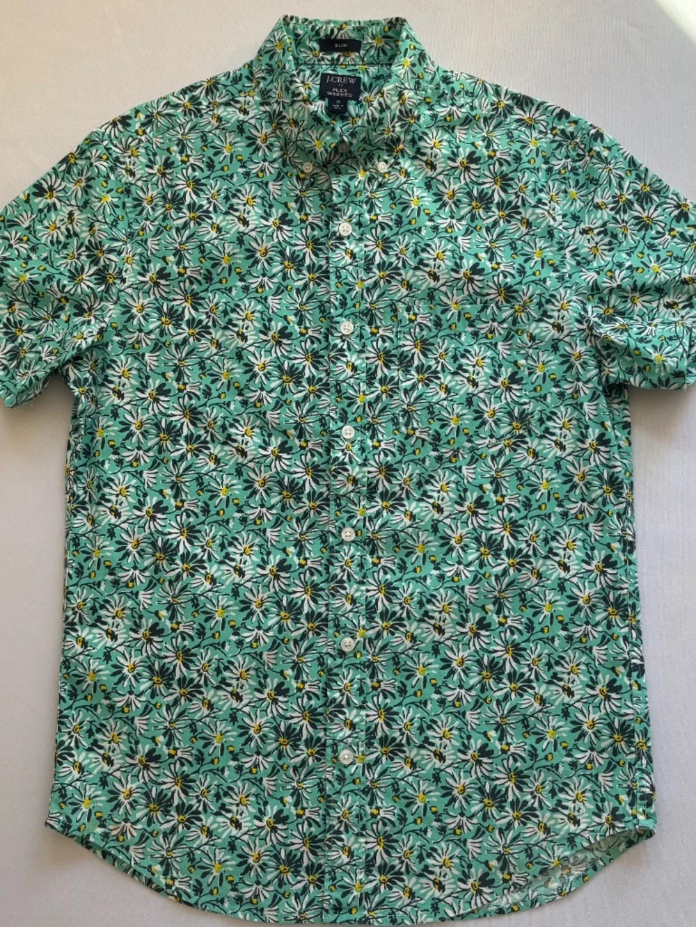 Floral Slim Fit Short Sleeve Button Down Shirt Green White Size S J.Crew